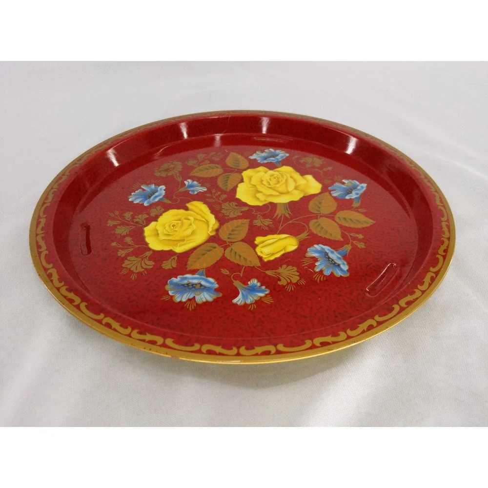 Vintage MTM England Metal Floral Tea Serving Tray Red Yellow Roses 12.5